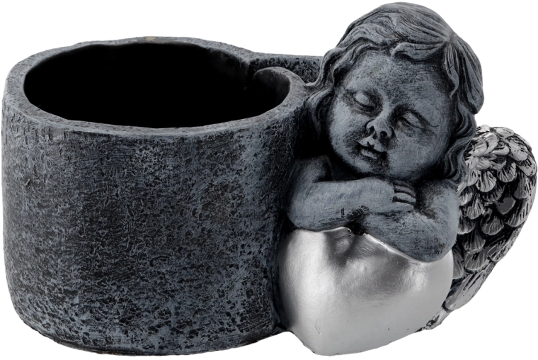 Cementowa cmentarna donica z aniołkiem, ciemnoszaro‑srebrna 24,5 × 14 × 15 cm