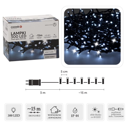 Łańcuch LED 300 diod, zimna biel z efektem flash, 18 m do użytku wewnętrznego i zewnętrznego