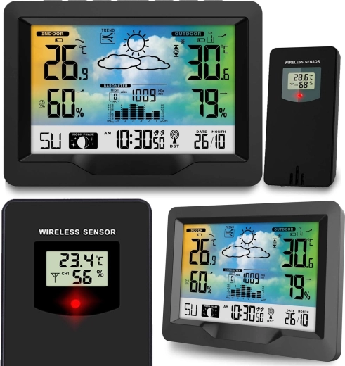 Bezprzewodowa stacja pogodowa z kolorowym wyświetlaczem i synchronizacją DCF, czarna