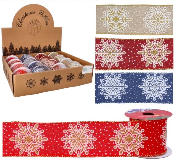 Świąteczna dekoracyjna wstążka ze śnieżynkami 6,3 cm × 2,7 m