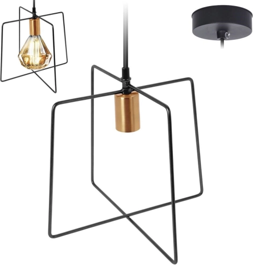 Wisząca metalowa lampa czarna ze złotą oprawką, geometryczna rama