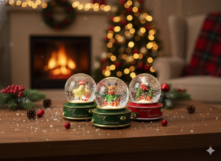 Świąteczna kula śnieżna z Mikołajem, gwiazdą i reniferem 7,8 × 7,8 × 8,5 cm