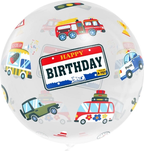 Kryształowy balon aqua Happy Birthday – pojazdy
