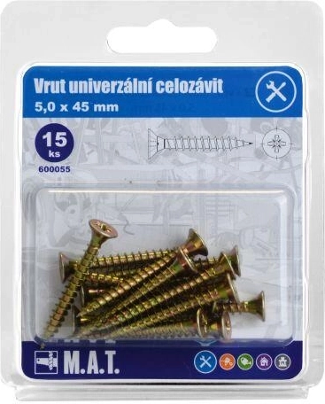 Uniwersalny wkręt z pełnym gwintem 5 × 45 mm, ocynkowany, 15 szt.