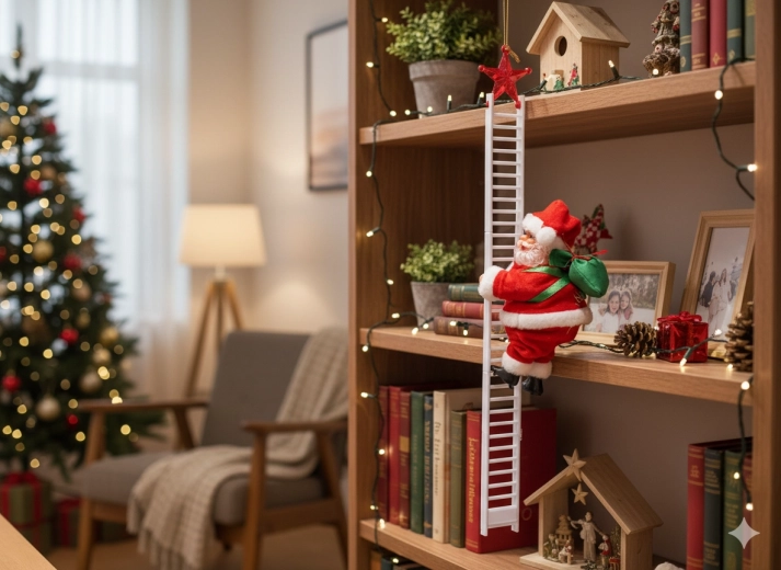 Mikołaj wspinający się po drabinie 20,5 cm – ruchoma świąteczna dekoracja z melodią