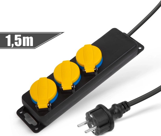 Zewnętrzny przedłużacz z osłoną, 1,5 m, 3 gniazda 230 V, IP44