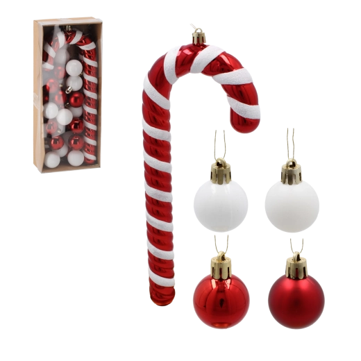 Zestaw świątecznych ozdób 32 szt. – laską cukrową 25 cm i bombkami 3 cm, nietłukące