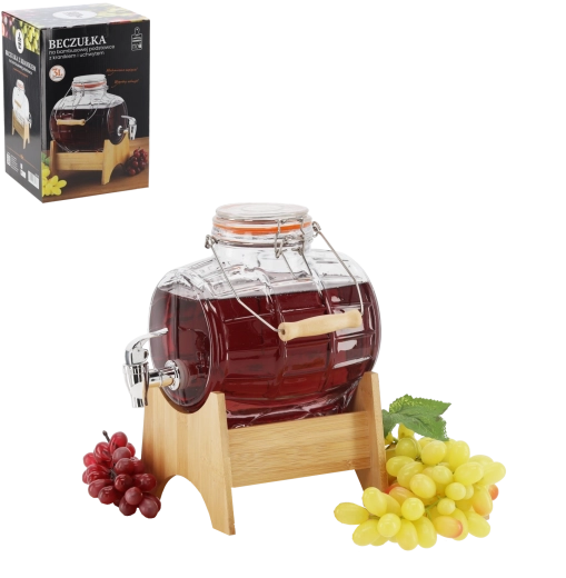 Szklany beczułka 3 l z bambusowym stojakiem i kranikiem