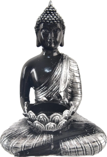 Ceramiczny świecznik Budda na świeczkę typu tealight srebrno-czarny