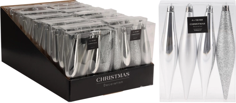 Świąteczne ozdoby sople 15 cm – srebrny miks, 4 szt.