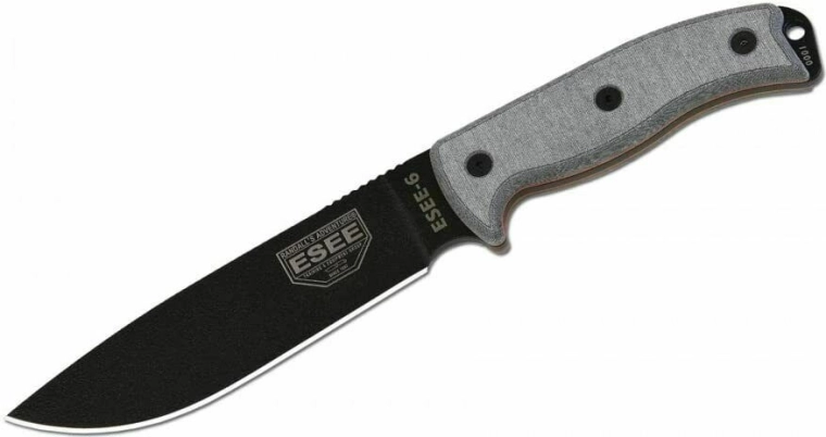 Uniwersalny nóż ESEE 6P z gładkim ostrzem, czarny/szary, Micarta, pochwa