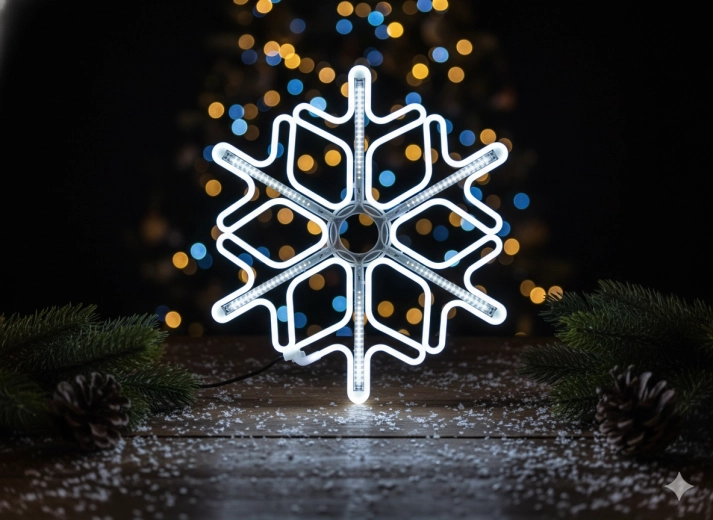 Neonowy LED płatek śniegu 60 cm – zimna biel z efektem flash, do wnętrz i na zewnątrz