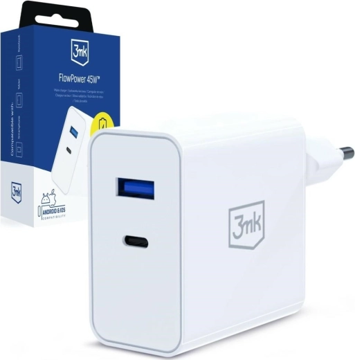 Ładowarka sieciowa 3MK FlowPower 45 W PD 3.0 QC4+ USB-A/USB-C biała