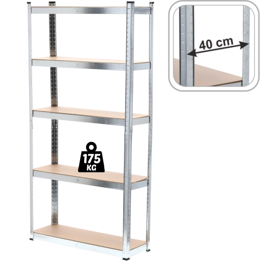 Pięciopoziomowy metalowy regał 220 × 90 × 40 cm, nośność półki 175 kg