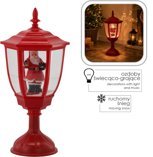 Świąteczna latarnia LED z Mikołajem i pozytywką, 55 cm, czerwona