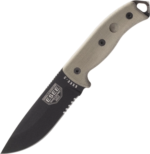 ESEE 5 ząbkowane ostrze, czarna głownia, rękojeść micarta, pochwa Kydex