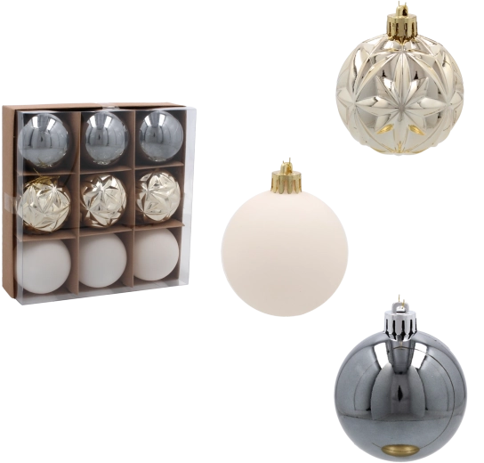 Zestaw bombek choinkowych 6 cm w odcieniach szampana, szarości i bieli – 9 szt.