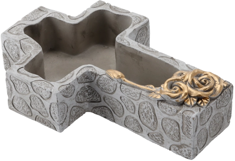 Cementowa misa nagrobna w kształcie krzyża, szara ze złotymi detalami 28 × 18 × 7,5 cm