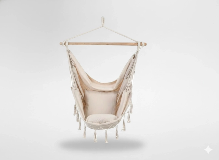 Wiszący brazylijski fotel boho 130 × 100 cm, beżowy