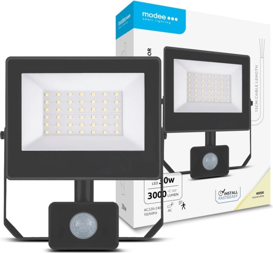 Reflektor LED z czujnikiem 30 W, neutralna biel 4000 K, 3000 lm – Modee A3-series