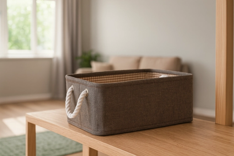 Tekstylny kosz do przechowywania z linowymi uchwytami 30 × 40 × 18 cm brązowy