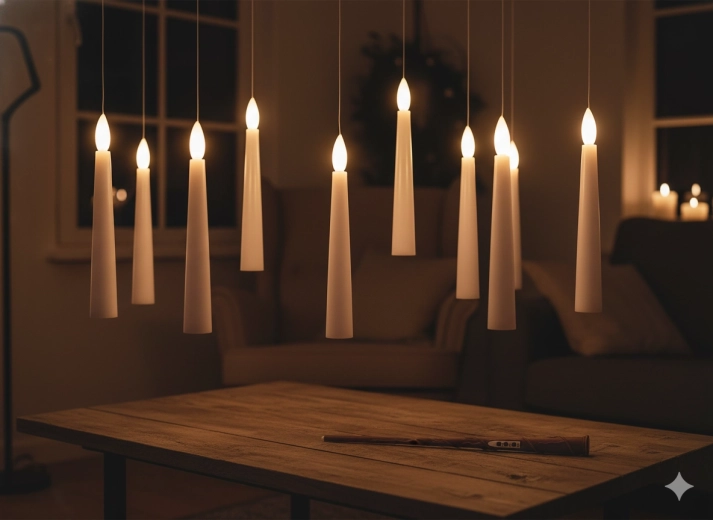 Zestaw 10 wiszących świec LED z magiczną różdżką 1,5 × 15,5 cm