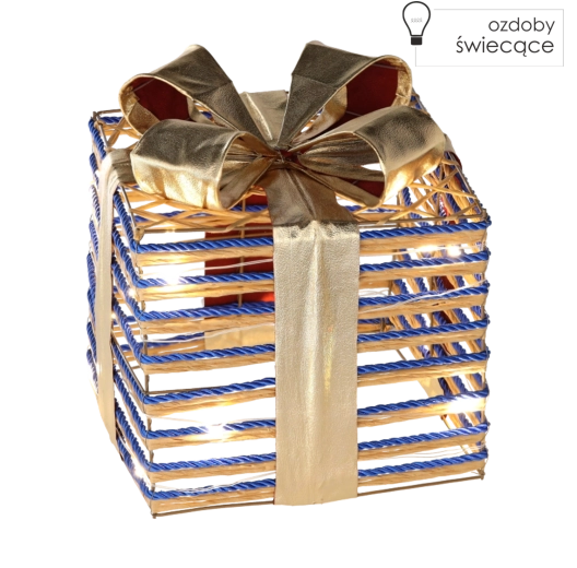 Świąteczna dekoracja pudełko prezentowe z niebieską kokardą 25 cm z oświetleniem LED