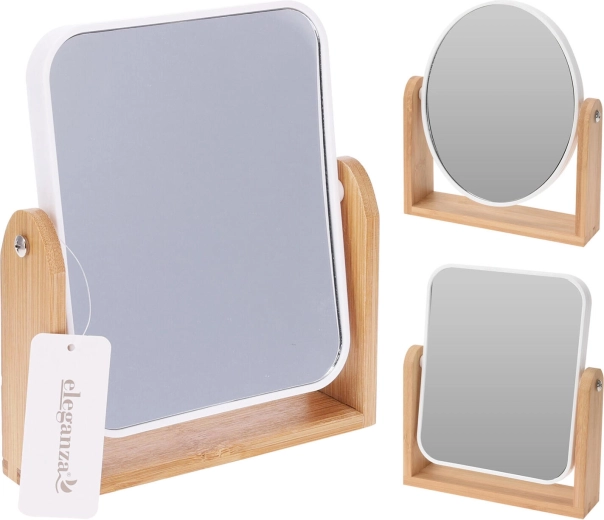Kosmetyczne lusterko łazienkowe ze stojakiem 18 × 21 cm, szkło i bambus