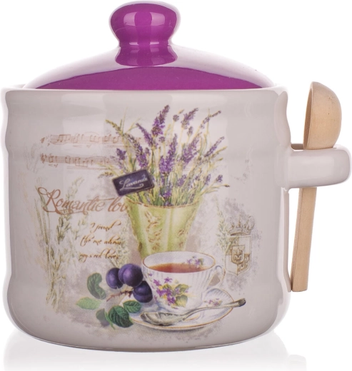 Ceramiczny pojemnik na żywność 400 ml LAVENDER z drewnianą łyżeczką