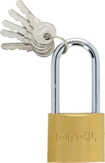 Kłódka 50 mm z wydłużonym pałąkiem, mosiądz, 5 kluczy