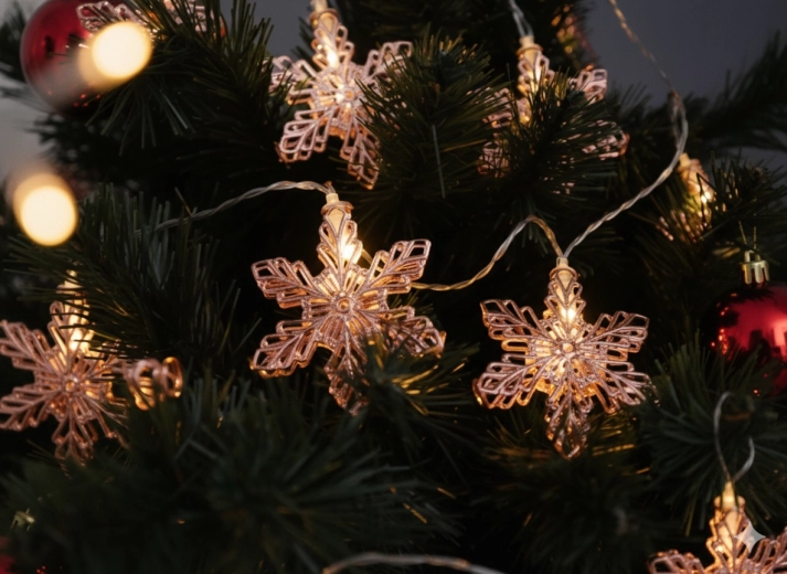 Łańcuch świetlny LED płatki śniegu różowe złoto, ciepła biel, 10 LED