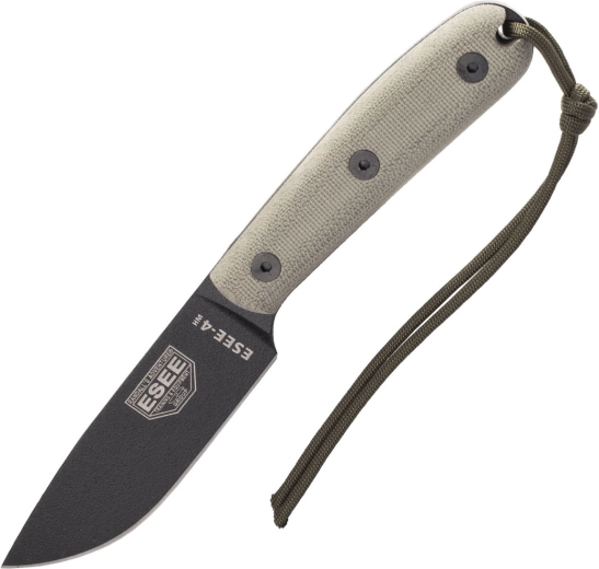 ESEE 4HM nóż survivalowy z ostrzem 11 cm, czarna powłoka, oliwkowa Micarta, skórzane etui