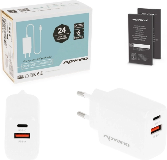 Movano sieciowa ładowarka GaN 20 W USB-C PD + USB-A biała