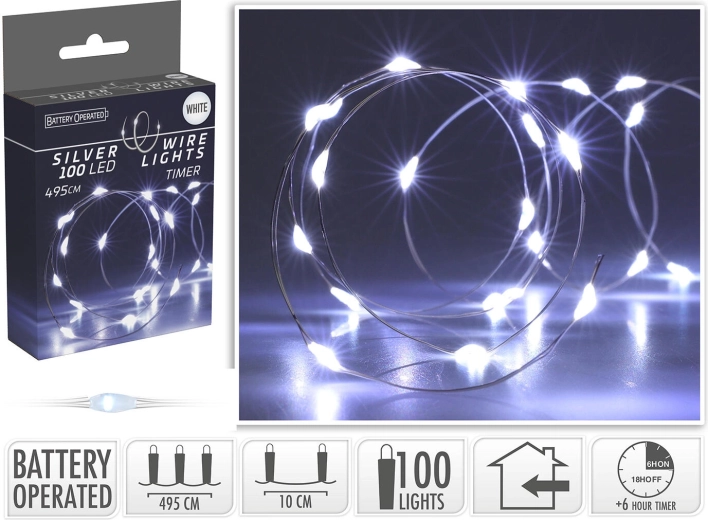 Świąteczne oświetlenie LED 4,95 m, 100 LED, zimna biel, na druciku, z timerem – 1 szt.