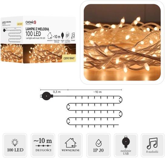 LED świetlny łańcuch z melodią USB, ciepła biel, 100 diod, 10 m