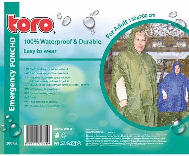 Ponczo przeciwdeszczowe dla dorosłych TORO 130 × 200 cm