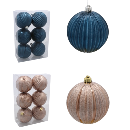 Zestaw bombek bożonarodzeniowych 10 cm – granatowe i beżowo‑złote, 6 szt.