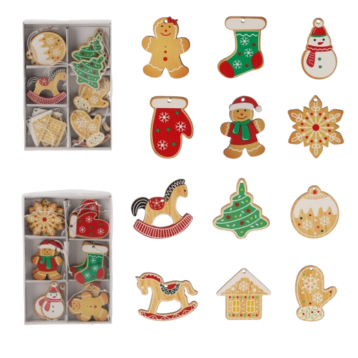 Zestaw 18 drewnianych świątecznych ozdób w kształcie pierniczków