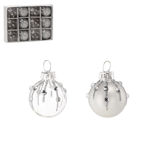 Zestaw szklanych ozdób choinkowych – srebrne i przezroczyste kule, 12 szt.