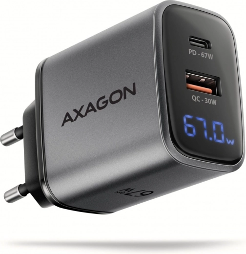 Ładowarka sieciowa AXAGON GaN 67 W z USB‑C PD i USB‑A QC, wyświetlacz LED