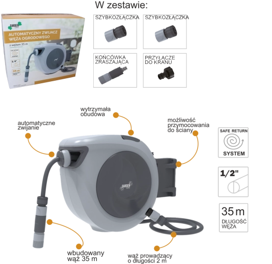 Automatyczny zwijacz ogrodowego węża 35 m z uchwytem ściennym