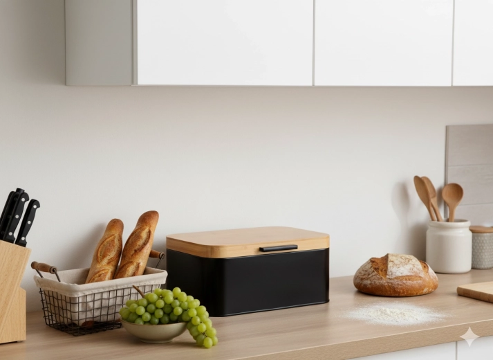 Chlebak Lauro z metalu z bambusową pokrywą, czarny