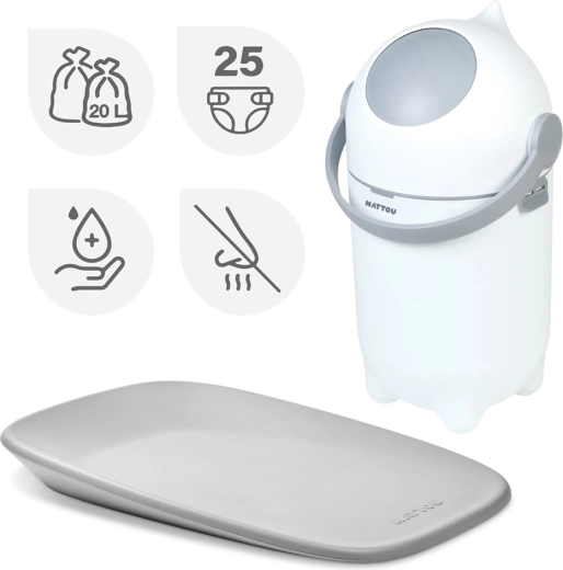 NATTOU kosz na pieluchy Dropy i mata do przewijania Softy White/Grey 50 × 70 cm