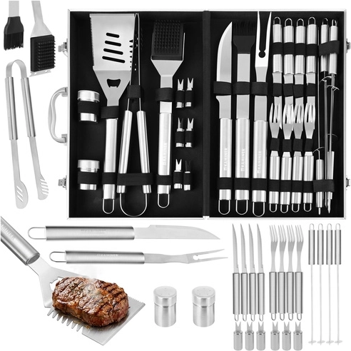 Zestaw akcesoriów do grillowania ze stali nierdzewnej z aluminiową walizką Kaminer (26 elementów)