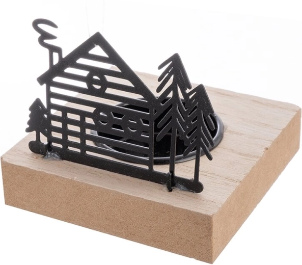Dekoracyjny świecznik domek z drewna i metalu 8 × 8 × 7 cm