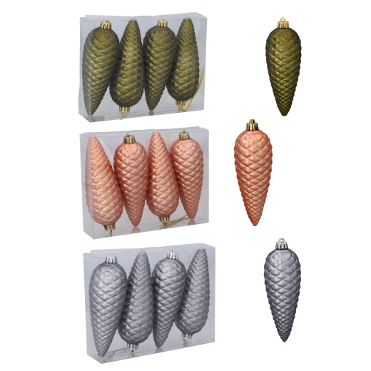 Zestaw świątecznych ozdób szyszki matowe 14 cm – oliwkowa, miedziana i grafitowa (4 szt.)