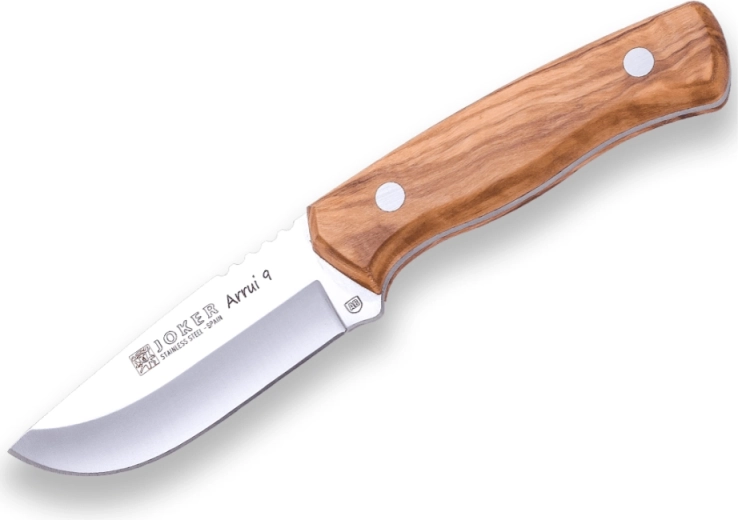 Nóż outdoorowy Joker Arrui, 9 cm, drewno oliwne, skórzane etui