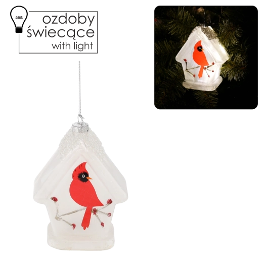 Szklana świąteczna dekoracja z LED – ptaszek w karmniku