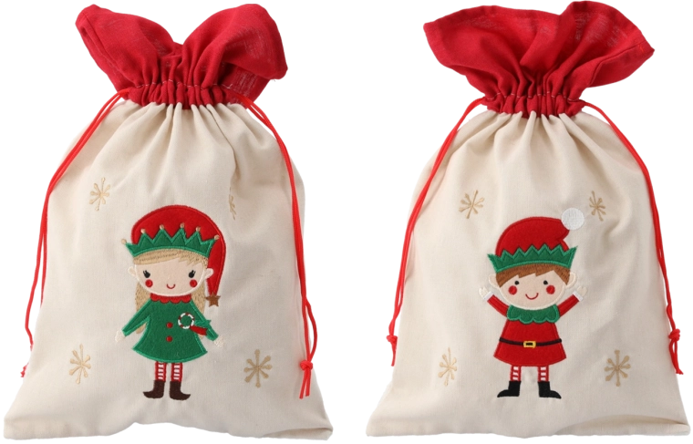 Beżowy worek prezentowy 25 × 40 cm z motywem elfa