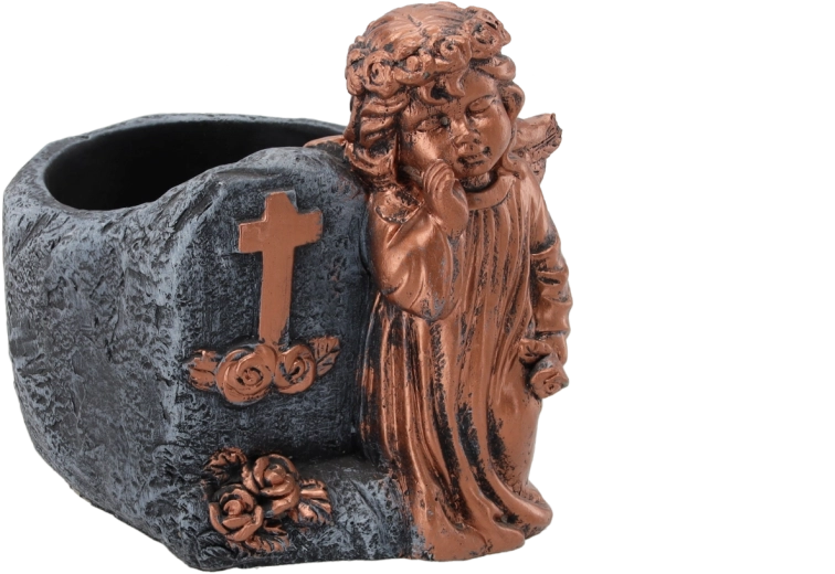 Cementowy wazon nagrobny z aniołkiem w miedzianym odcieniu 16 × 14 × 15,5 cm